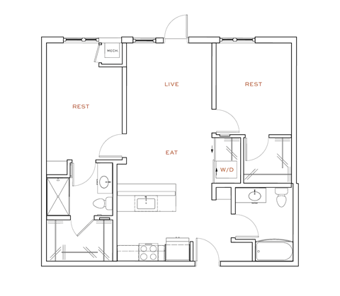 A floor plan of a small apartment with a living room, kitchen, and two bedrooms.